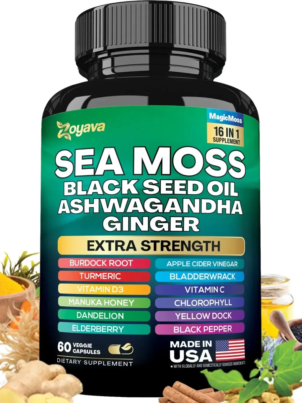 Organic Sea Moss 60 Capsules, Black Seed Oil Bladder Wrack Turmeric