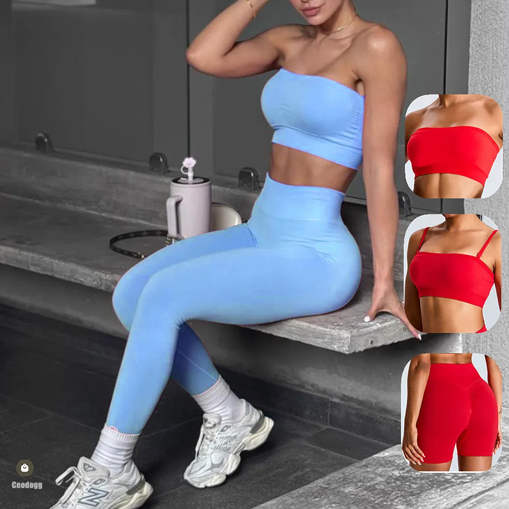 Kf s8e2be90b57b54b2586f744937086114ez 1 2pcs pad seamless strapless sports bra yoga set female workout shorts fitness scrunch legging gym