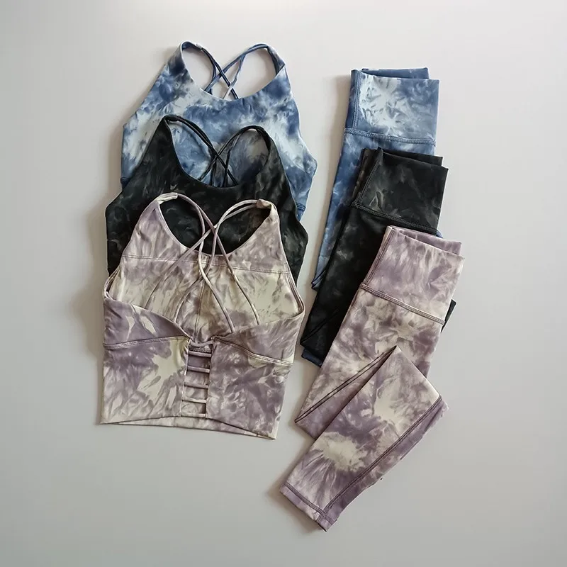 Kf scb162aa6484e4630a1ed9c7866b02d52w high waist hip lifting pants beauty back bra suits seamless tie dye yoga sets sports fitness