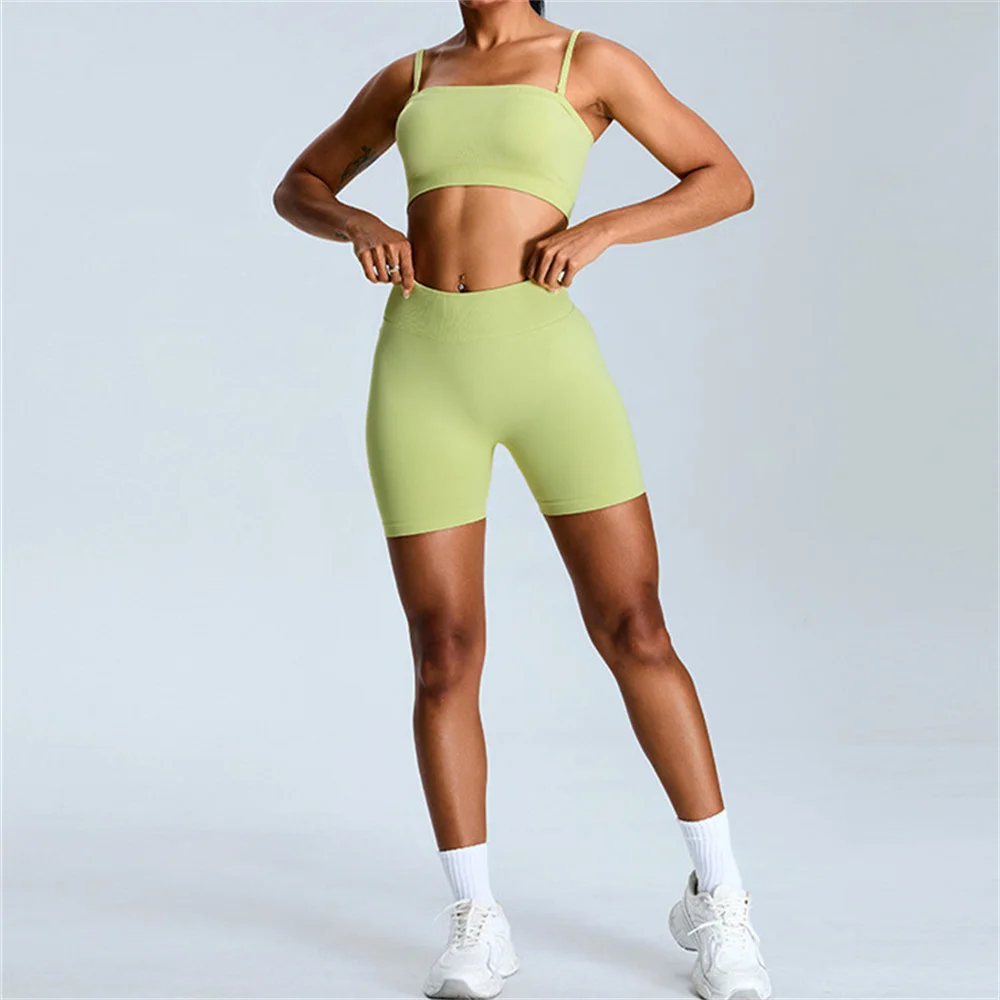 Kf se339747be9334e1b9a7ddb734974ea47o 1 2pcs pad seamless strapless sports bra yoga set female workout shorts fitness scrunch legging gym